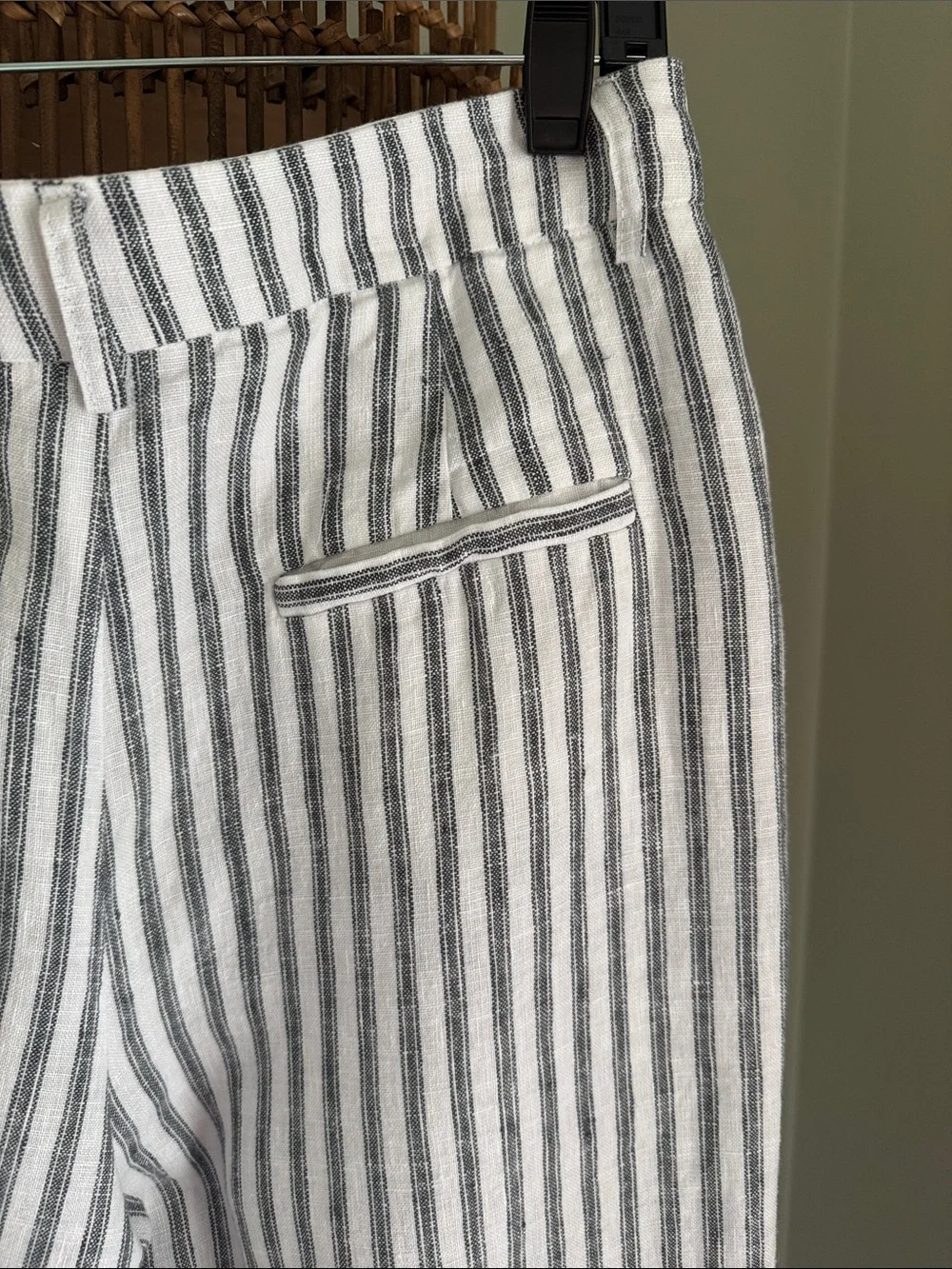 Women’s Charcoal Gray and White Striped Linen-Blend Pants